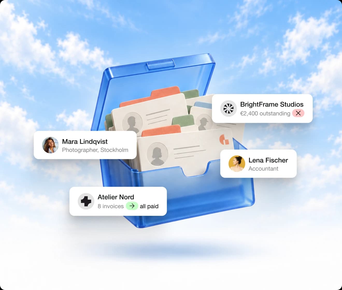 Blue contact box with client cards for reallyfinal contact management